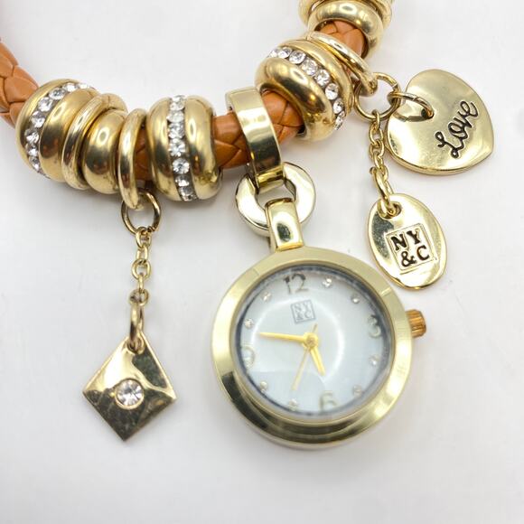 Signed NY&C Watch Charm Bracelet Heart Love Woven Brown Leather Gold Tone - 7" - Picture 4 of 10